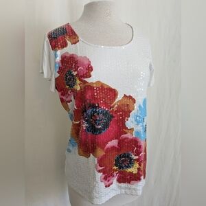 RAFAELLA Sequin Accent Flower Motif Short Sleeve Tee Large